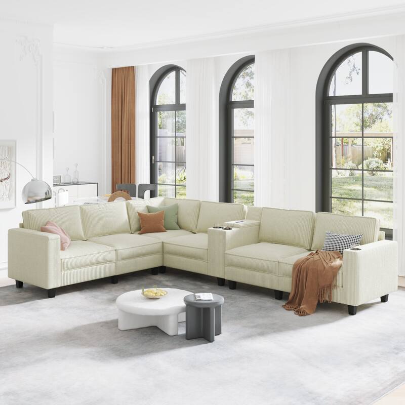 Corduroy L-Shaped Sectional Sofa with USB Charging, Storage & 3 Cup Holders, Reversible Seats - Beige