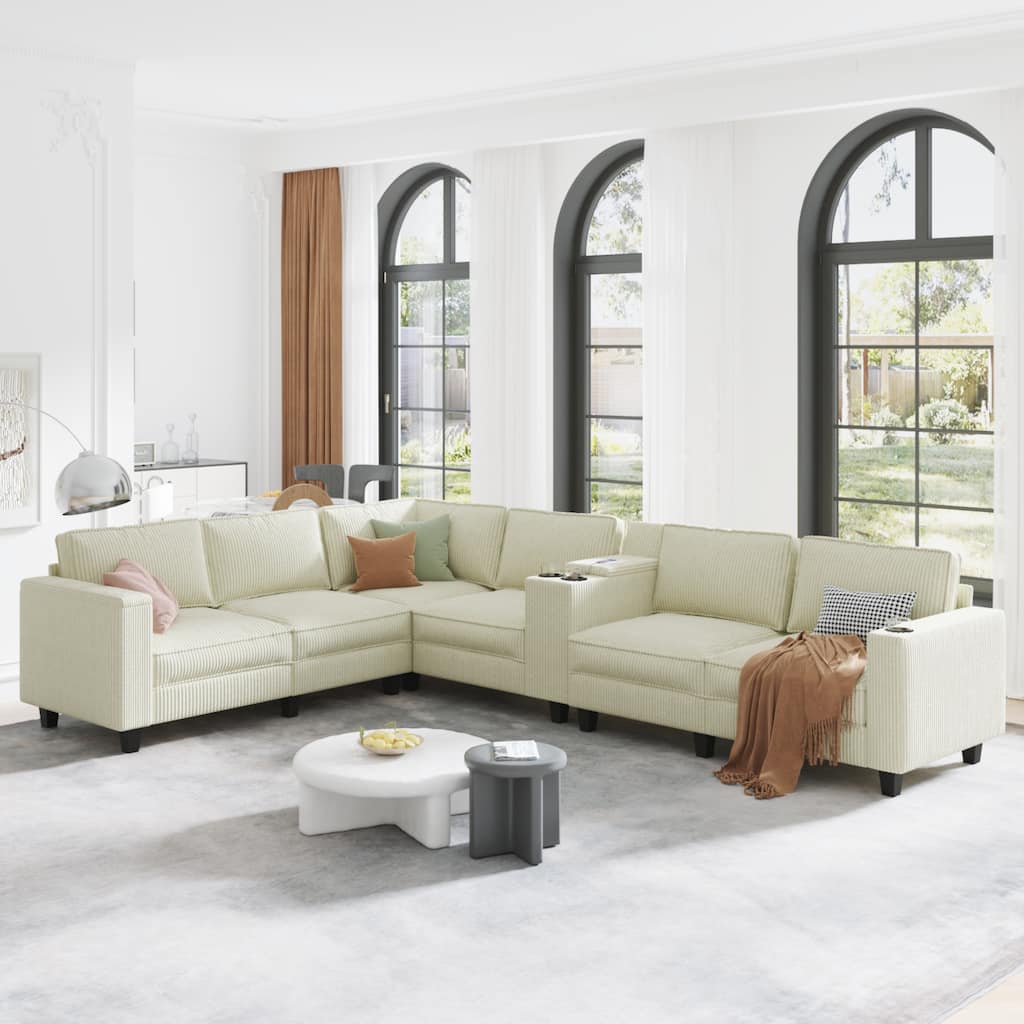 L-shaped 6-seater corduroy sofa, large storage armrests with center console, USB charging, left and right seats can be switched