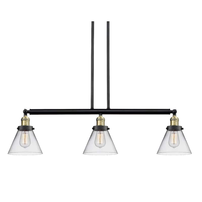 Innovations Lighting Large Cone 3 Light 40" Wide Linear Chandelier - Black / Antique Brass / Clear