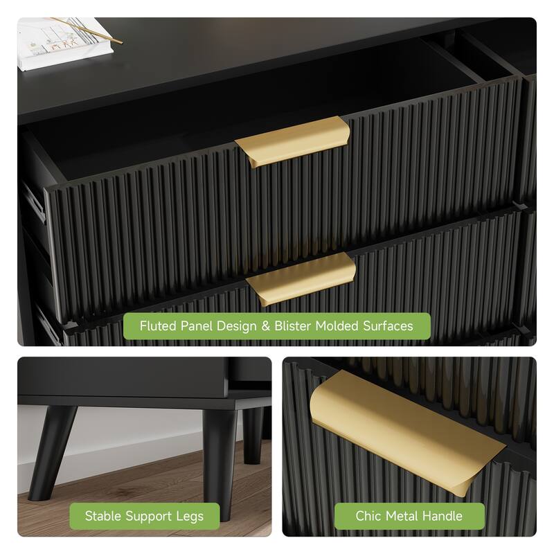 Gymojoy Fluted 6 Drawer Dresser with Gold Metal Handles, Modern Chest of Drawers for Living Room, Bedroom, Apartment