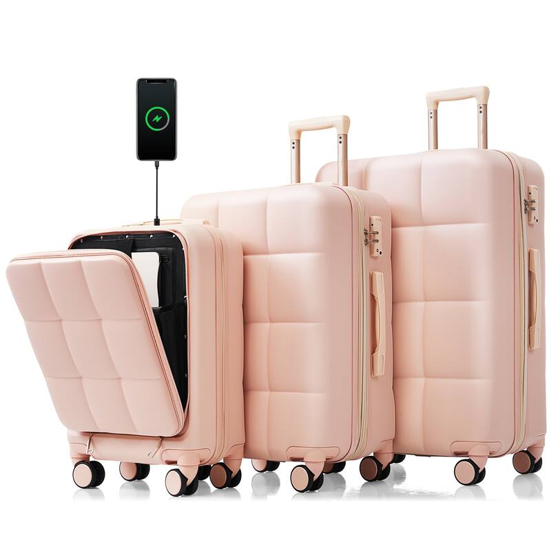 Merax Suitcases 3 Piece ABS Hardshell Front-Opening Luggage Sets with USB Port and Spinner Wheels & Cup Holder, for Men Women - Pink