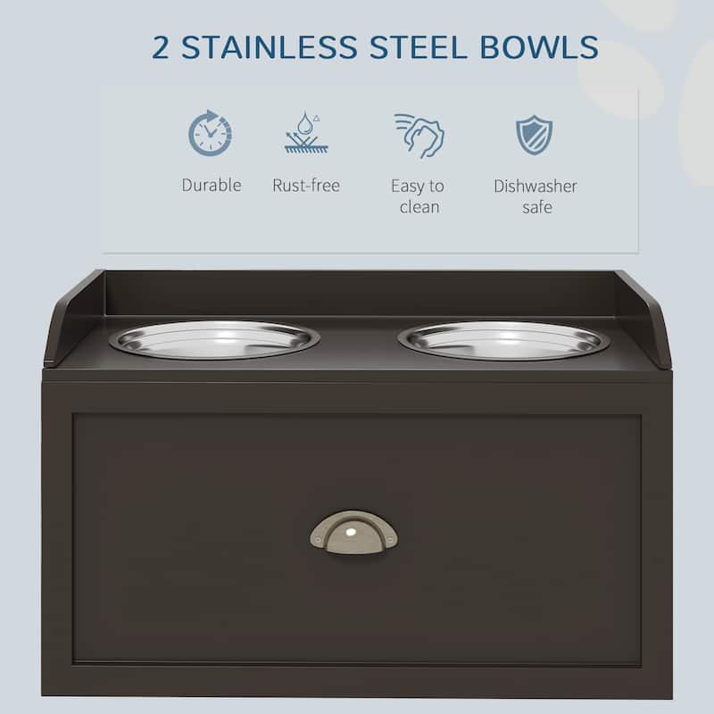 Elevated Dog Feeder Stand for Large Dogs with Storage Drawer and 2 Stainless Steel Bowls - 23.5" W x 11.75"D x 14.25" H