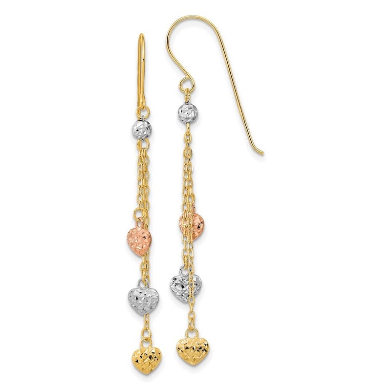 Curata 14k Tri color Gold 55x4.85mm Triple Heart Dangle Hook Earrings