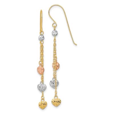 Curata 14k Tri color Gold 55x4.85mm Triple Heart Dangle Hook Earrings
