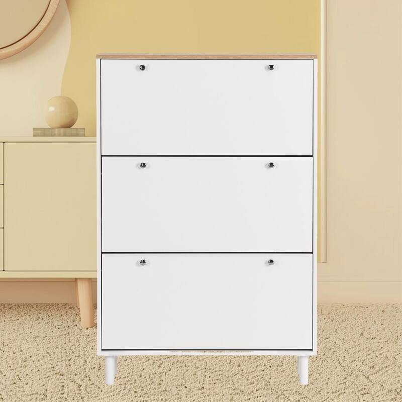 Freestanding Shoe Rack Cabinet with 3 Flip Drawers, Adjustable Shelves and Wood Grain Top for Entryway Hallway Organization - White