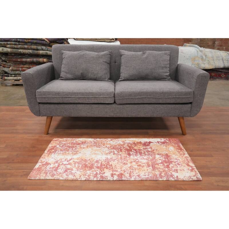 Hand Knotted Oriental Viscose Silk Carpet Modern All-Over Oranges & Rust Abstract Area Rug - 4' 0'' X 2' 0''
