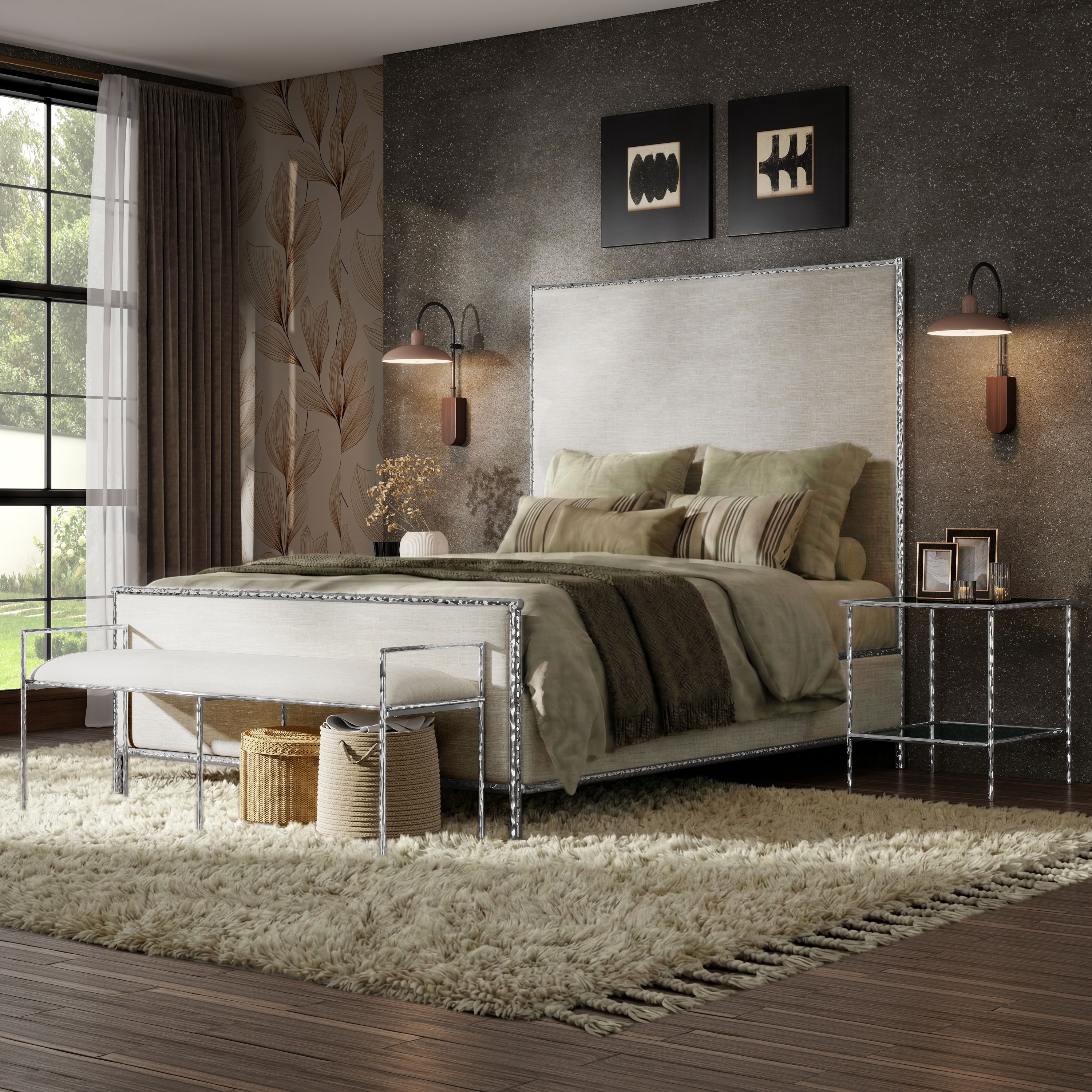 Furniture of America Zayen Modern 4-Piece Queen Size Hammered Metal Platform Bedroom Set with 2 Nightstands and Bench