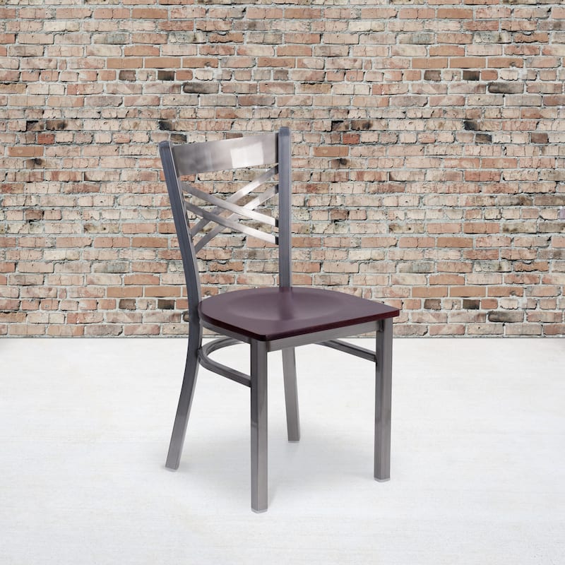 Steel X-back Restaurant Chair - 16.5"W x 17"D x 32.25"H - Mahogany Wood Seat/Clear Coated Metal Frame