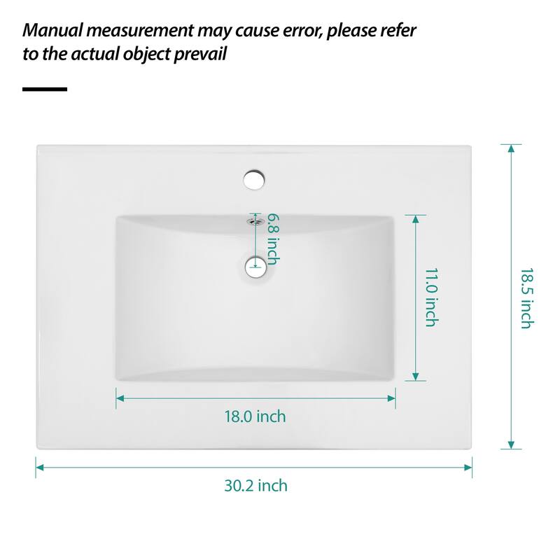 Durable Bathroom Vanity Top with Single Sink, Smooth Polished Ceramic Finish, and Overflow - 30.2in L