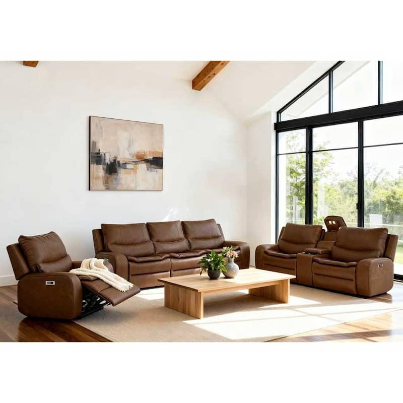 3-Piece Faux Leather Sofa Set with Double Width Seat, Power Recliner, Loveseat & Sofa, Wireless charging and Reading Lamp - Light Brown