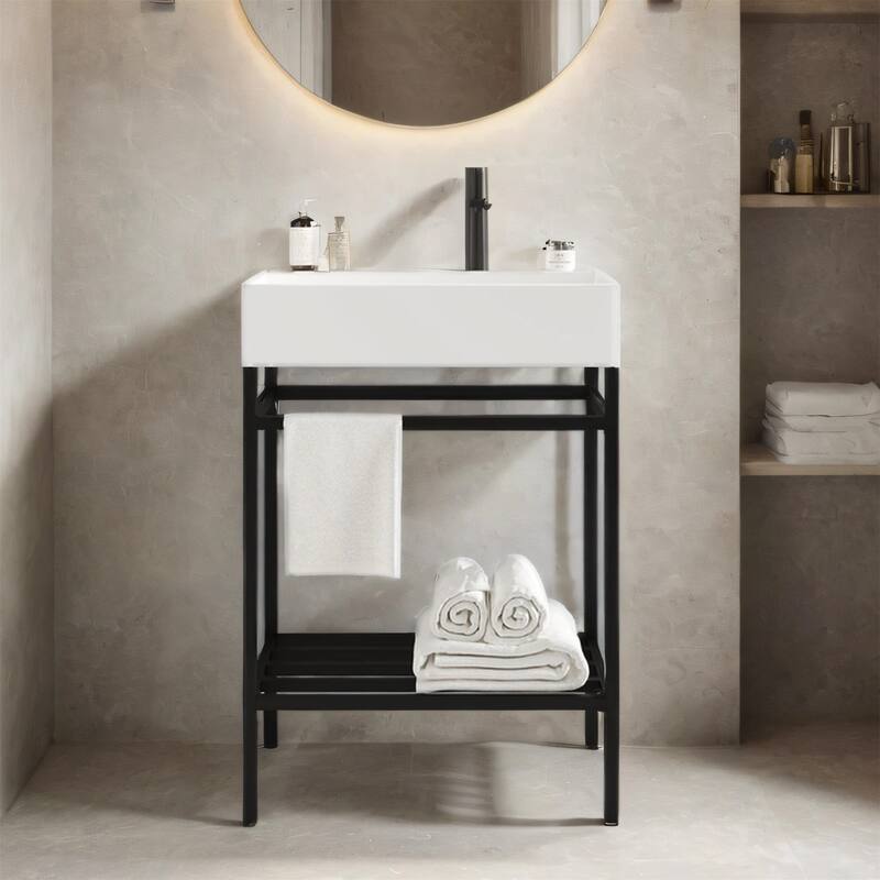 24" Bathroom Vanity Set with Ceramic Basin and Storage Shelves (No Faucet)