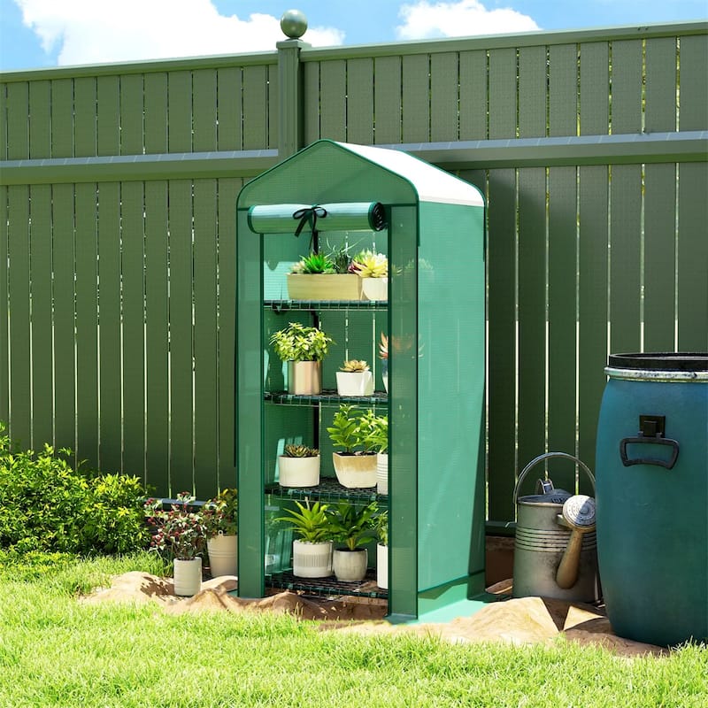 4-Tier Portable Outdoor UV-Resistant Greenhouse PE Cover with Double-Layer Roof and Shelves