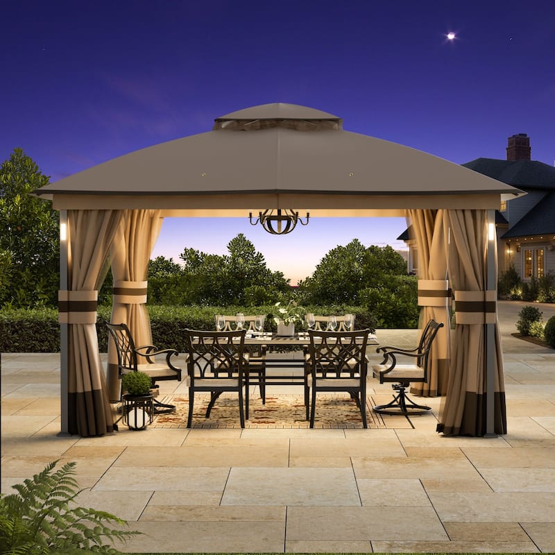 Patio Gazebo 11'x13' with LED Lights & Bluetooth Speaker, Soft-top Gazebo with Netting and Curtains for Backyard