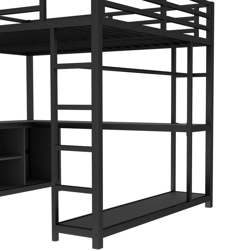 Roomfitters Queen Metal Loft Bed with Wardrobe and L-Shaped Desk, Storage Shelves and Ladder, Black