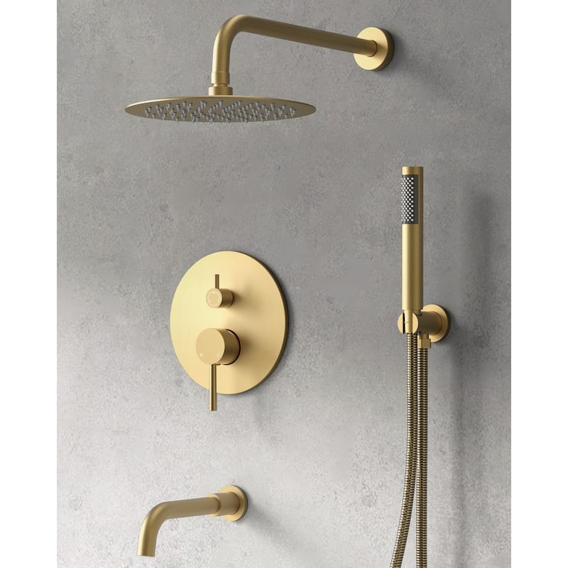 GRANDJOY 3-in-1 Shower Faucet System 10 Inch Rainfall Shower Head with Tub Spout Bathroom Shower Faucets - Brushed Gold