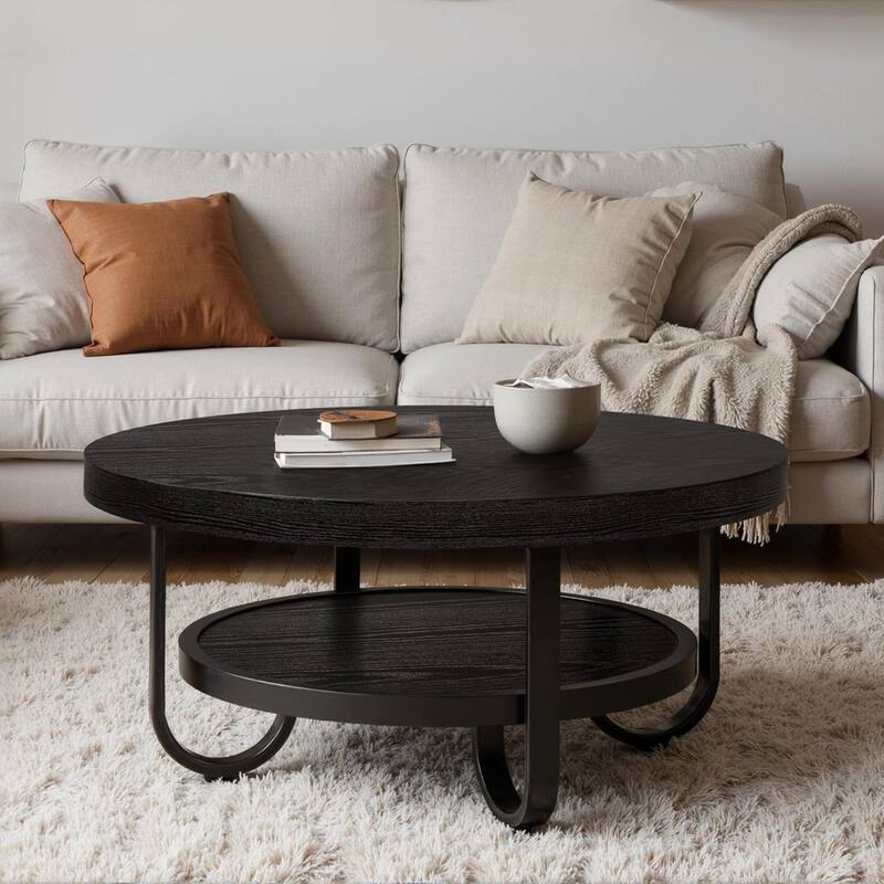 31.1" Brown MDF Industrial Coffee Table, 2-Tier Round Cocktail Tea Table with Metal Legs for Living Room, Receptionist Room