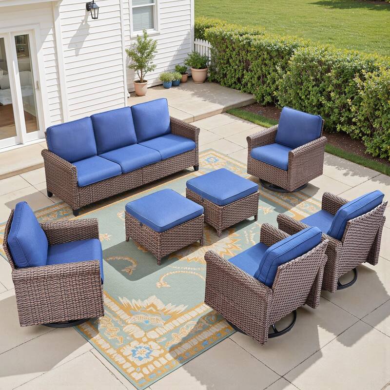 Pocassy Outdoor Sofa with Swivel Chairs Funiture Set - 7PCS Sofa Swivel Chair w/ Ottoman - Brown Wicker Beige Cushion