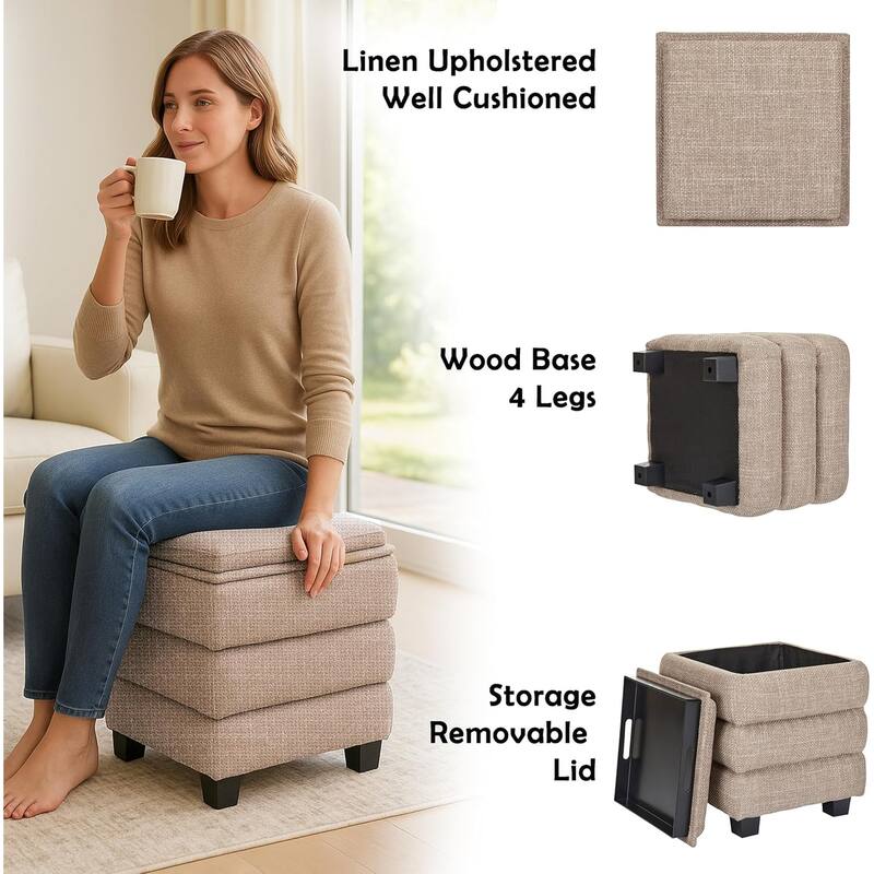 Modern Cube Ottoman with Tray Top and Hidden Storage Linen Seat