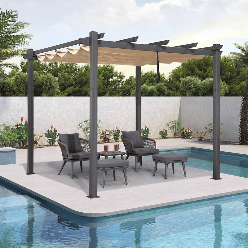 PURPLE LEAF Gazebo Outdoor Retractable Modern Yard Metal Grape Trellis Pergola with Canopy. - 10ft x 10ft - Beige