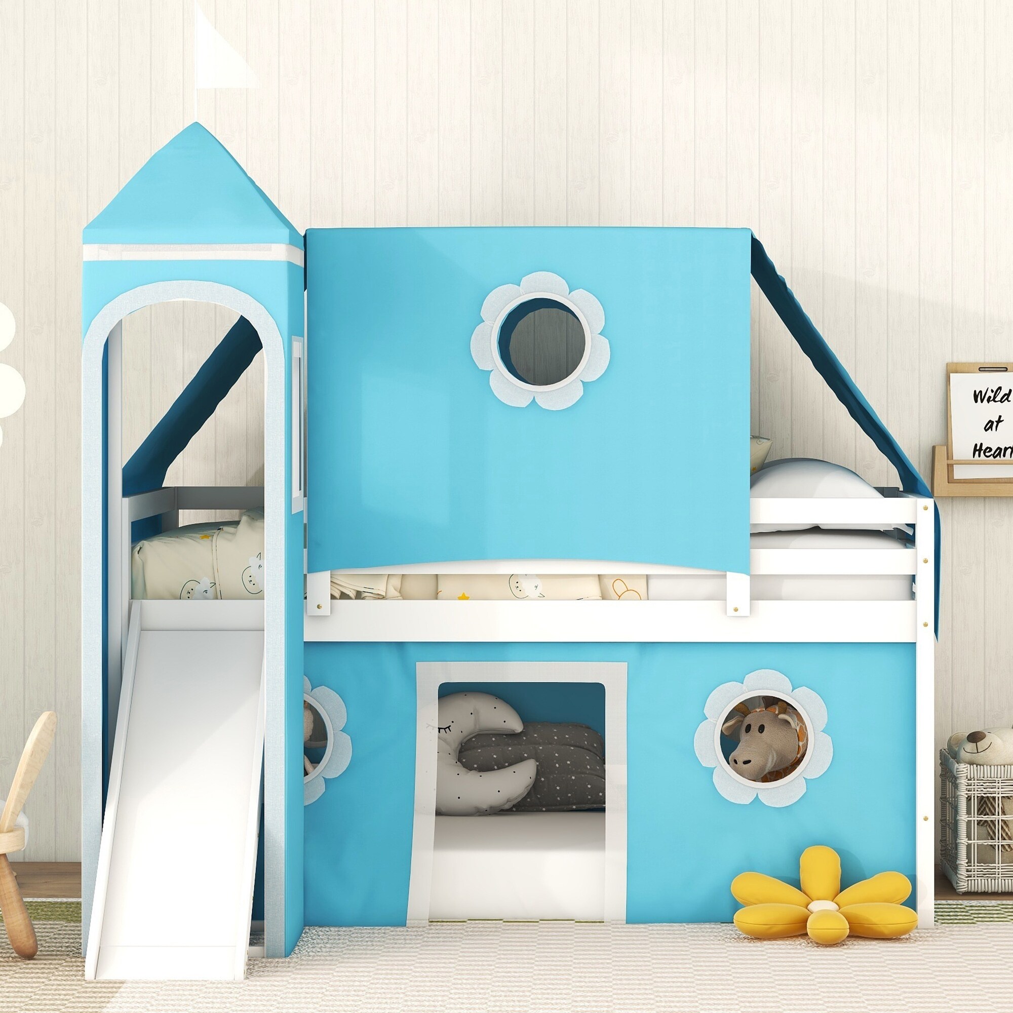 Bed with slide and tent hot sale