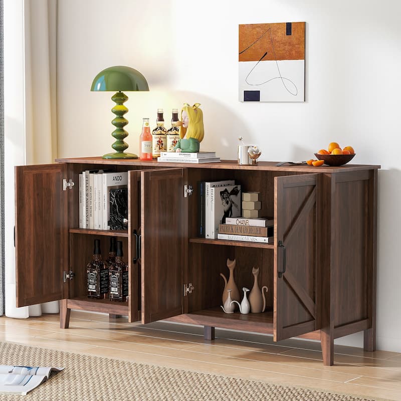 Freestanding Sideboard Storage Cabinet with 4 Doors and 4 Shelves - Brown