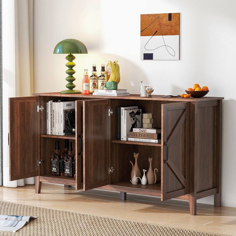 Roomfitters Sideboard Cabinet with 4 Doors and Open Shelves, Freestanding Storage Cabinet, Walnut