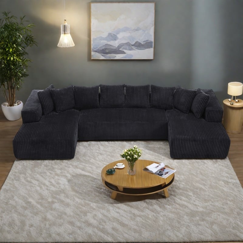 131" Corduroy U-Shaped Modular Sectional Sofa with Chaise Lounge and 8 Throw Pillows