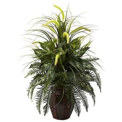 Artificial Cattail Grass Planter Set - Home Decor Greenery Arrangement for Living Room - 3ft.
