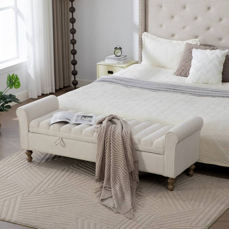 odern Upholstered Storage Bench , Napped fabric Bed End Foot Stool With Rolled Armrest