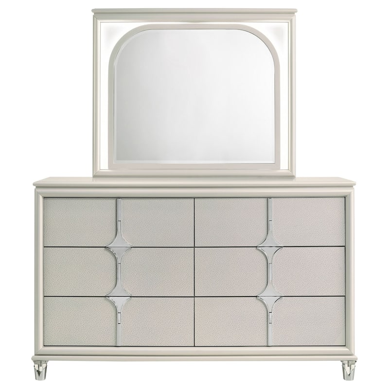 6-Drawer Pearl White Dresser and LED Mirror Set with Modern Glam Style, Spacious Storage, and Smooth Gliding