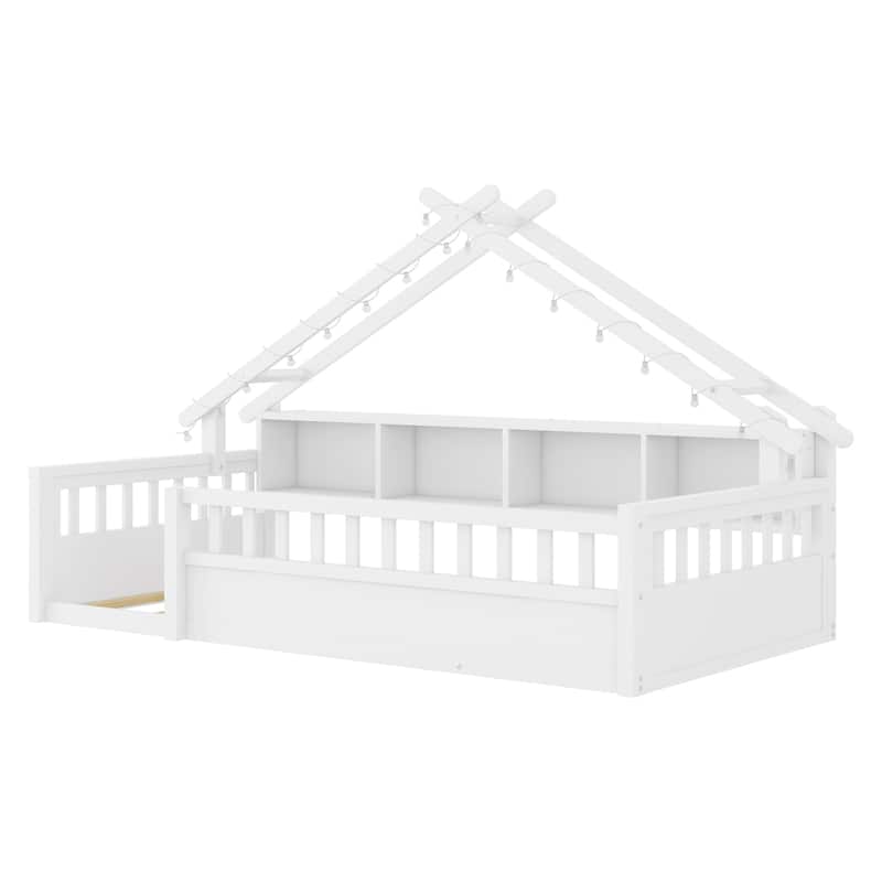 Floor Bed House Bed Frame with Storage Shelf Safety Guardrails