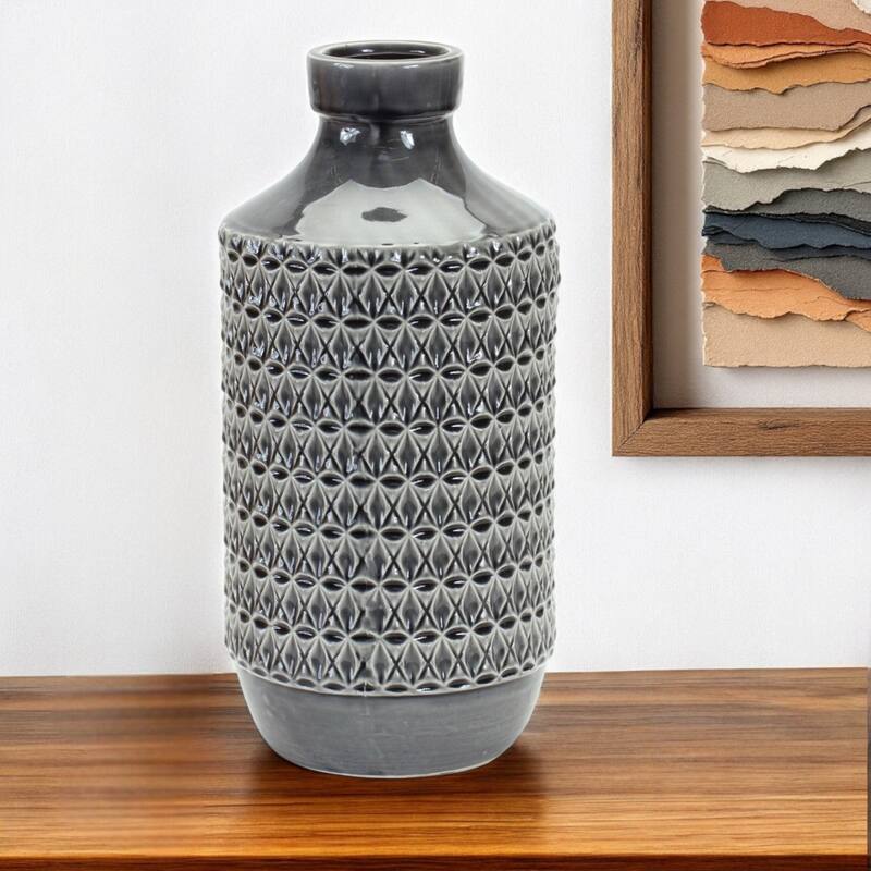Grey Geometric Terracotta Bud Vase for Tabletop Decor