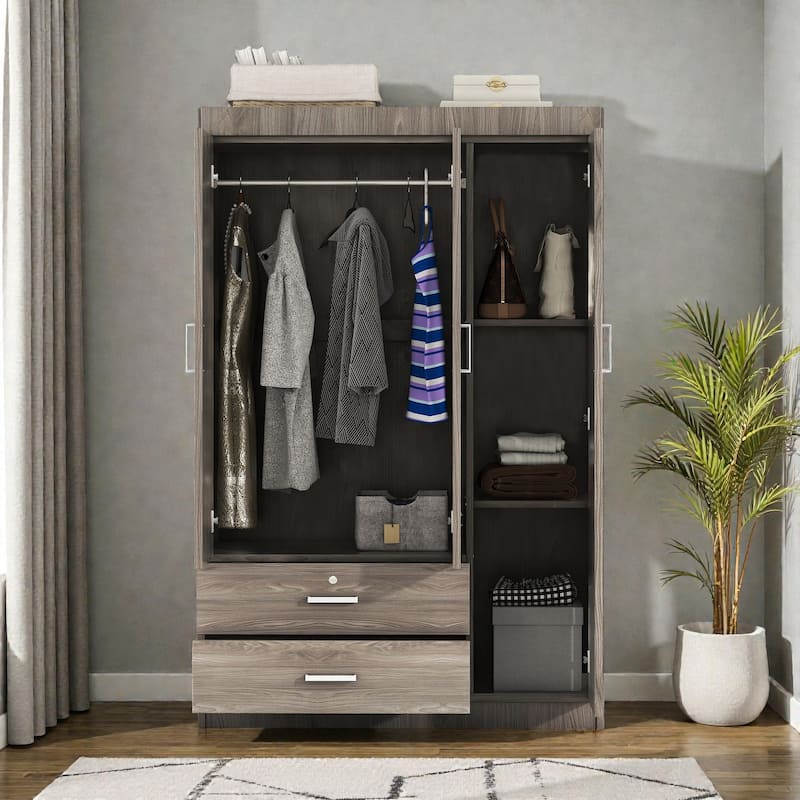 3 Door Wardrobe Closet with 2 Drawers, Modern White Freestanding Armoire Storage Cabinet for Bedroom