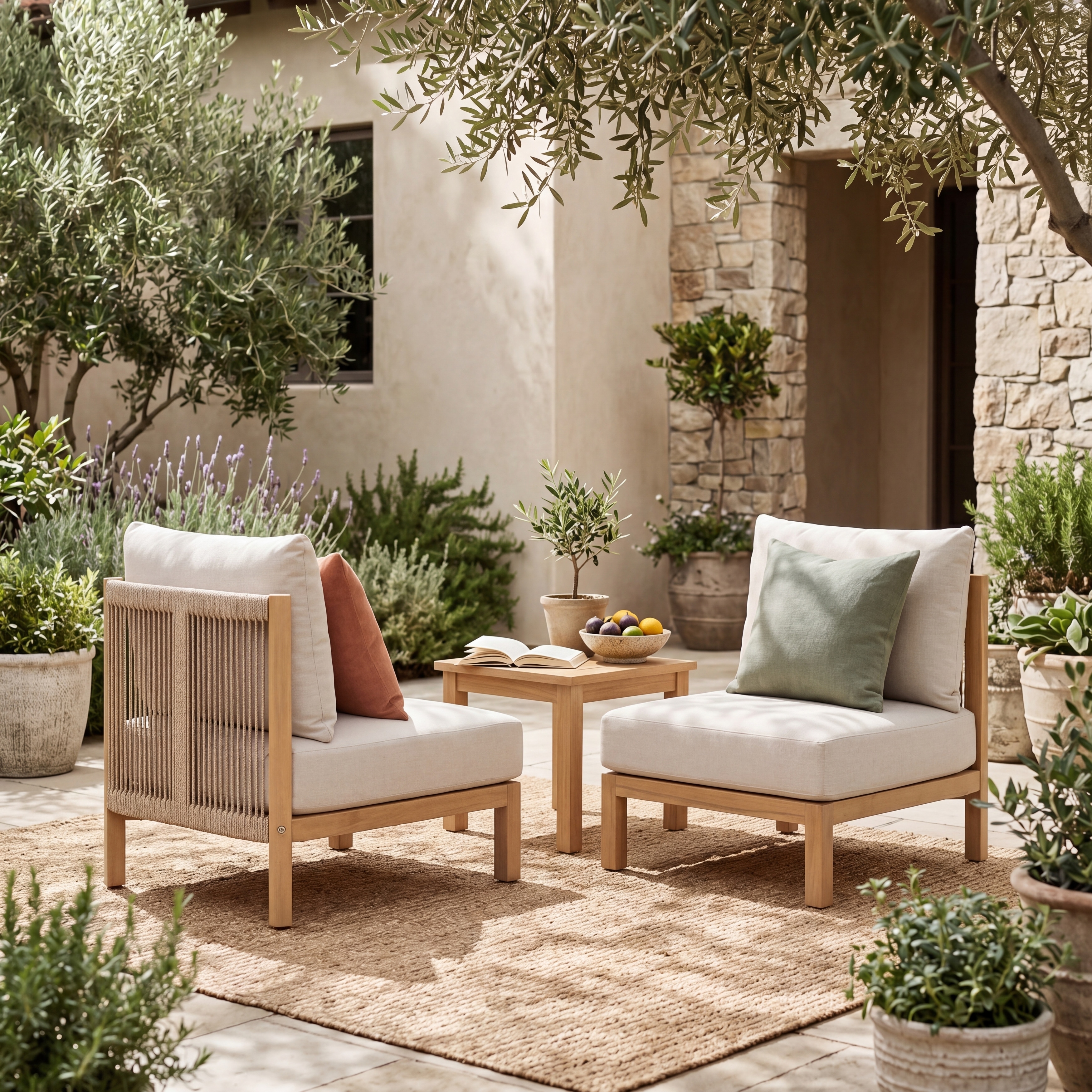 Set of 2 Acacia Wood Rope-Woven Lounge Chairs for Outdoor Use
