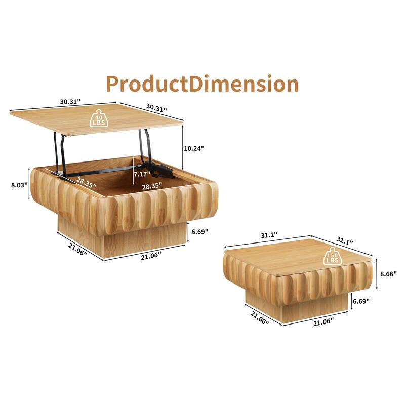 Square Lift-Top Coffee Table with Solid Wood Frame and Hidden Storage