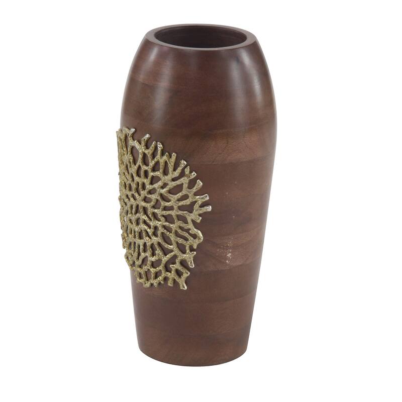 Large Cylinder Natural Wood Vase with Gold Metal Coral Design 7 x 15