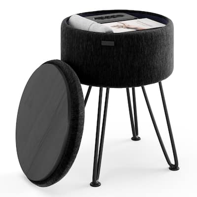 Emperyan Textured Velvet Round Ottoman with Hidden Storage