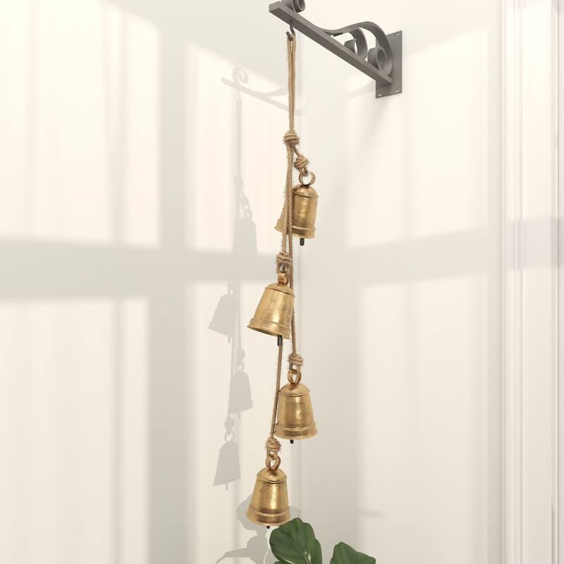 Gold or Red Metal Handmade Tibetan Inspired Decorative Cow Bell with Jute Hanging Rope