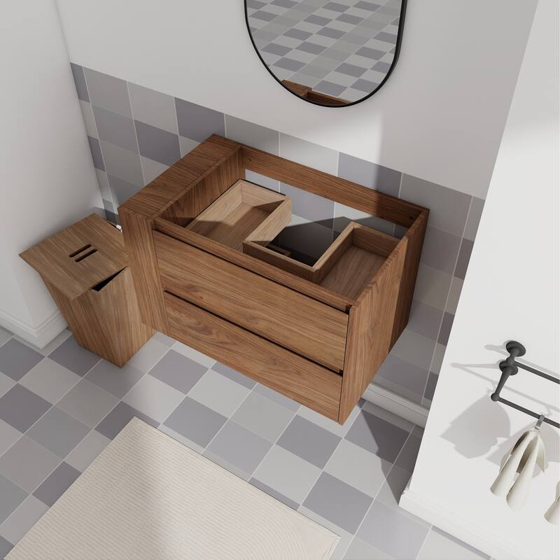 36" Wall-Mounted Bathroom Vanity, Double Soft-Close Drawers, Adjustable Side Rack, 45° Bevelled Invisible Handle