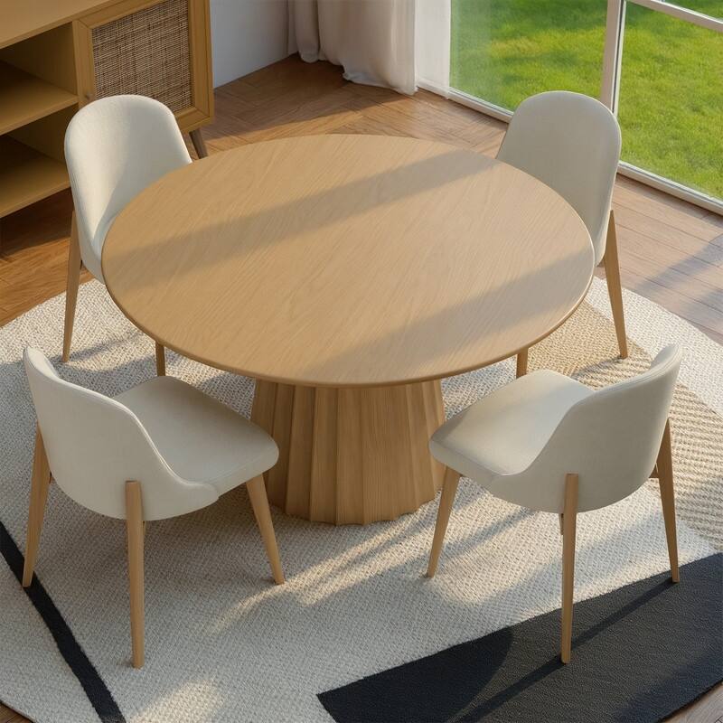 5-Piece Modern Round Dining Table Set with Upholstered Chairs Pedestal Base - Natural