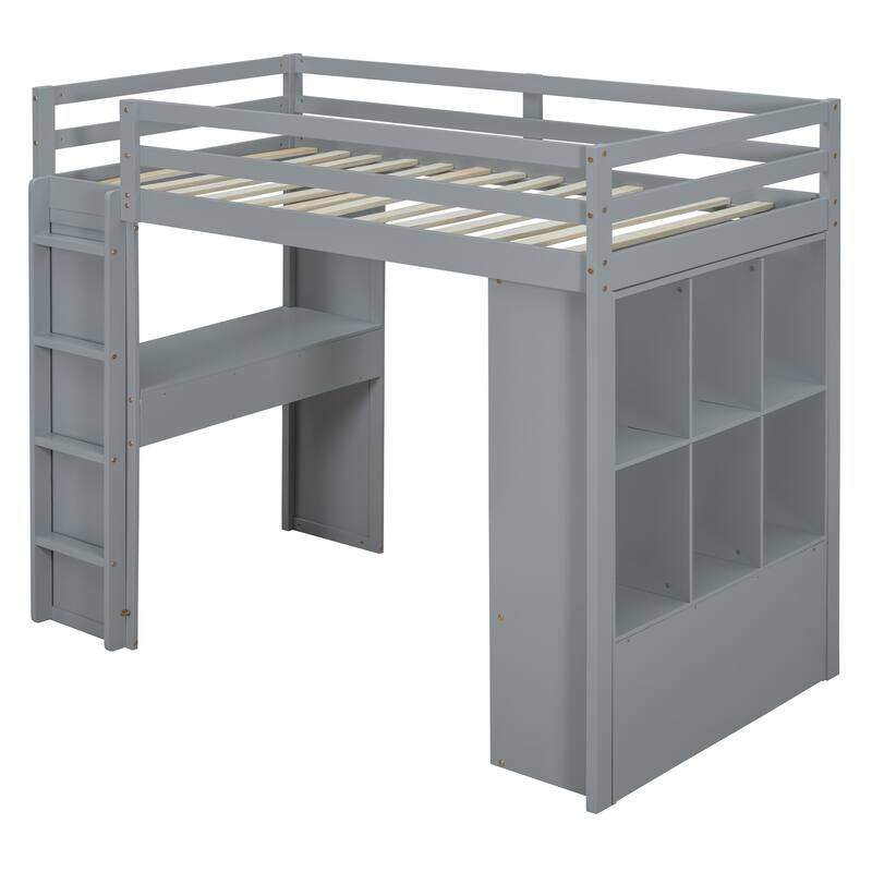 Twin Loft Bed with Shelves, Desk, and LED Light in Gray