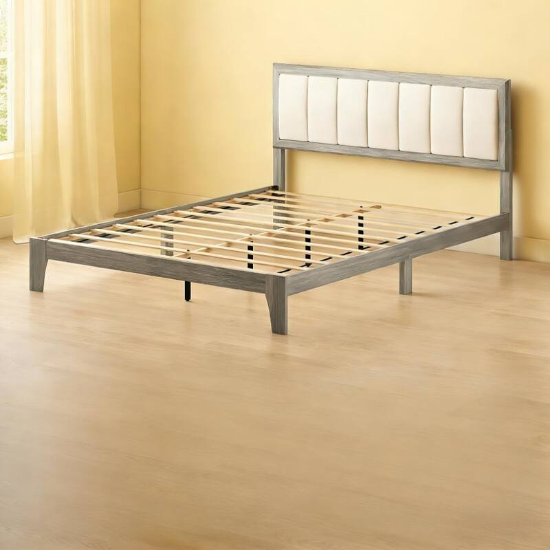 Rubber Wood Platform Bed Frame with Linen Fabric Upholstered Headboard/Adjustable Feet/No Box Spring Needed/Easy Assembly - Gray