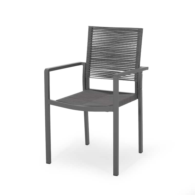 Teny Outdoor Dining Chair Set of 2, Open Back, Woven Rope, Dark Gray Metal
