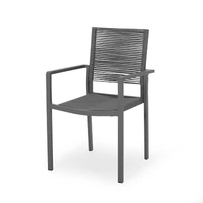 Teny Outdoor Dining Chair Set of 2, Open Back, Woven Rope, Dark Gray Metal