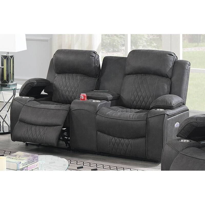 Contemporary Charcoal Gel Leatherette Power Motion Loveseat with Storage Arms and Cup Holder