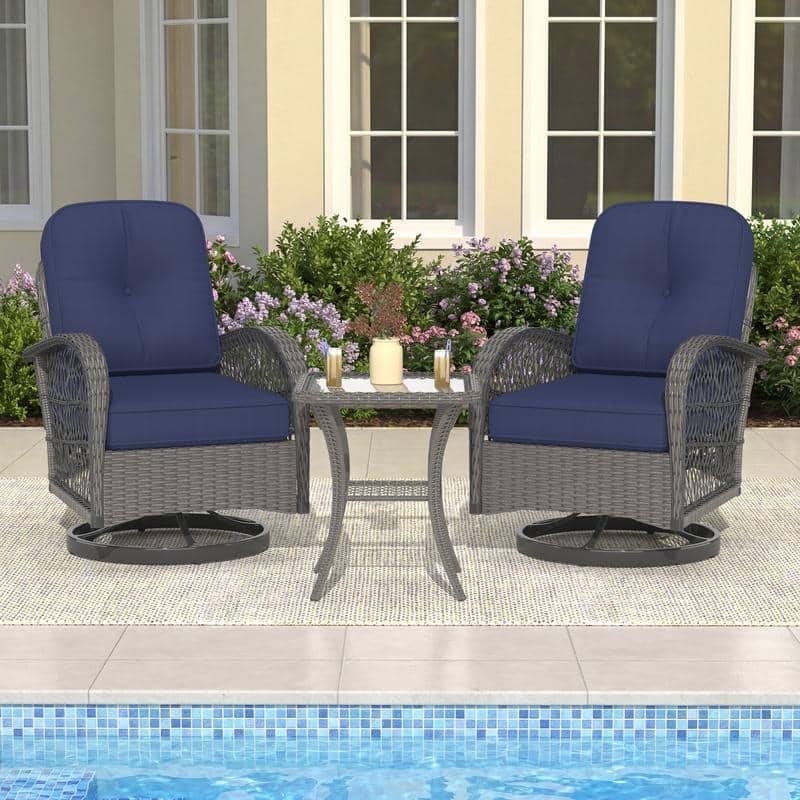 360° Swivel Rocking Patio Chairs Set with Thick Cushions & Tempered Glass Table | Indoor Living Room / Balcony| 3/5-Piece - 3-Piece - Navy Blue - 3-Piece