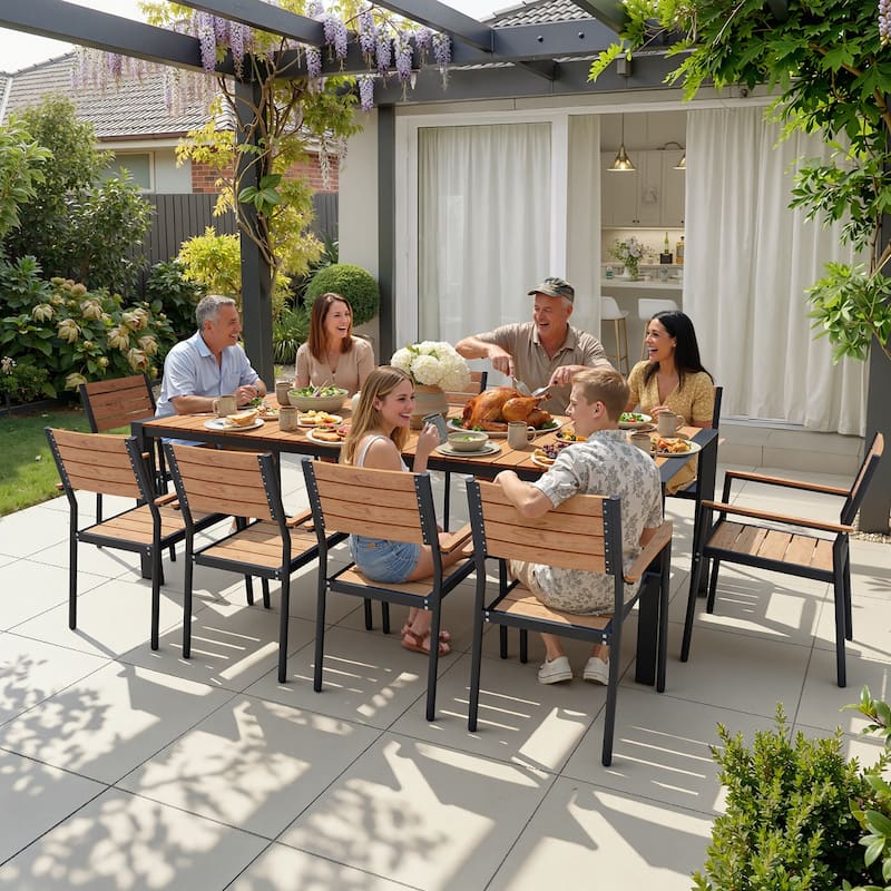 7/9/11-Piece Patio Dining Set Outdoor Aluminum Rectangle Dining Table and Stackable Chairs