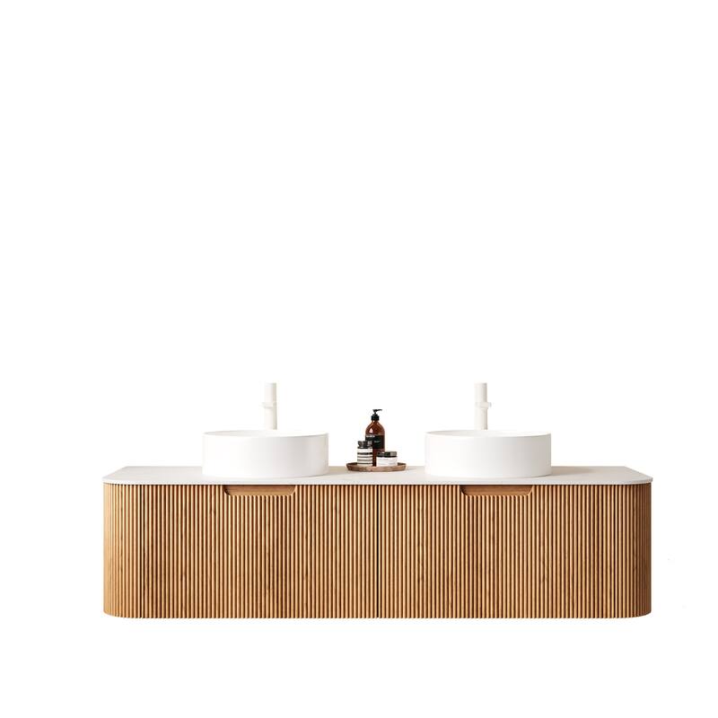 GDFStudio - Dina 60" Floating Bathroom Vanity with Striped Curved Drawers & 2 White Round Ceramic Basins, WITHOUT Faucet