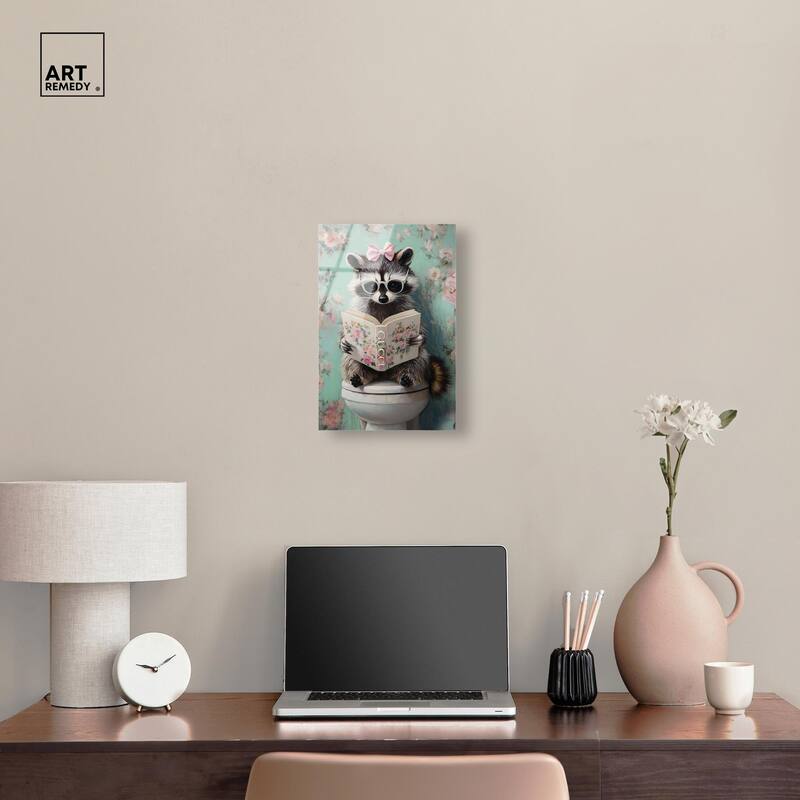 Petite Floral Toilet Raccoon Acrylic by Art Remedy, Ready to Hang