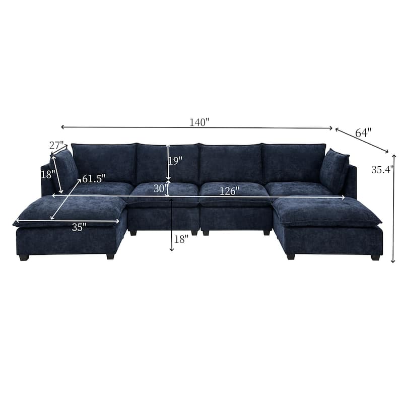 140" Modular Sectional Sofa, 4 Seat Sofa with 2 Ottoman, Chenille Sofa Sleeper Deep Seat Sofa with Throw Pillows for Living Room